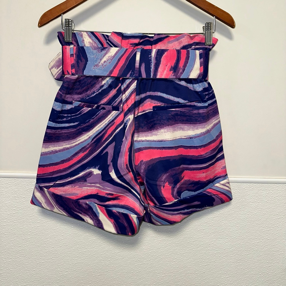 One N More Psychedelic Ruffle Paperbag Women's Shorts Pink Purple S Belted NWT - Picture 2 of 12